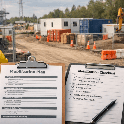 Project mobilization plan and mobilization checklist at a construction site startup